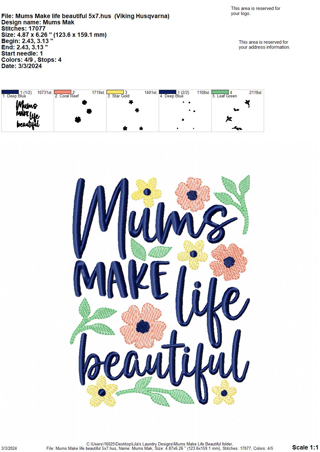 Mums Make Life Beautiful - 3 Sizes - Digital Embroidery Design