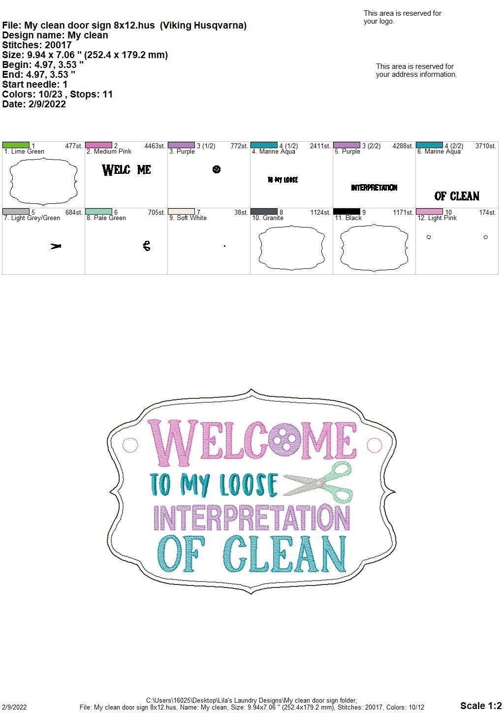 My Clean Door Sign - 3 sizes - Digital Embroidery Design