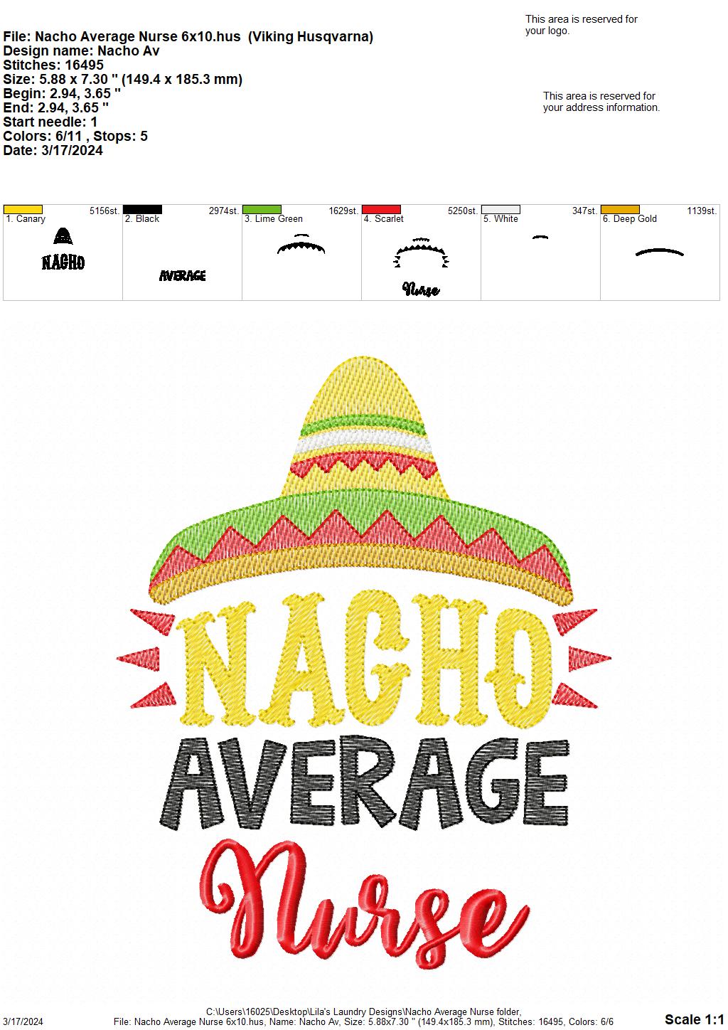 Nacho Average Nurse - 4 Sizes - Digital Embroidery Design
