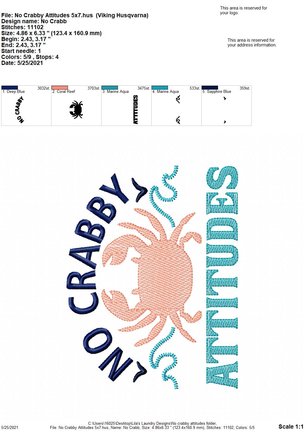 No Crabby Attitudes - 3 sizes- Digital Embroidery Design