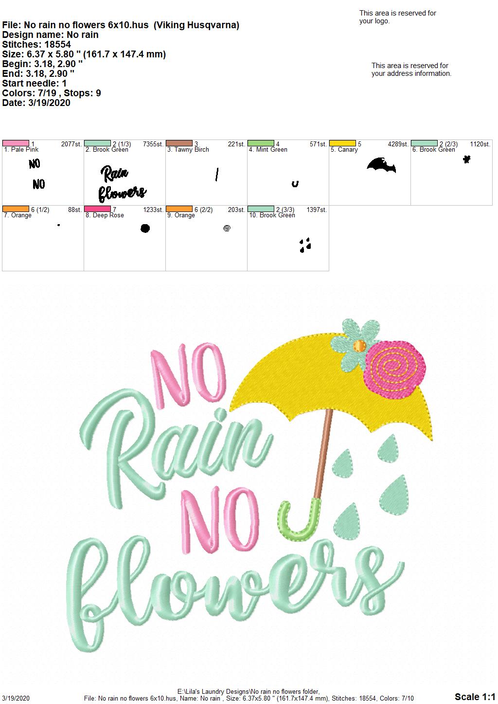 No Rain No Flowers - 3 Sizes - Digital Embroidery Design