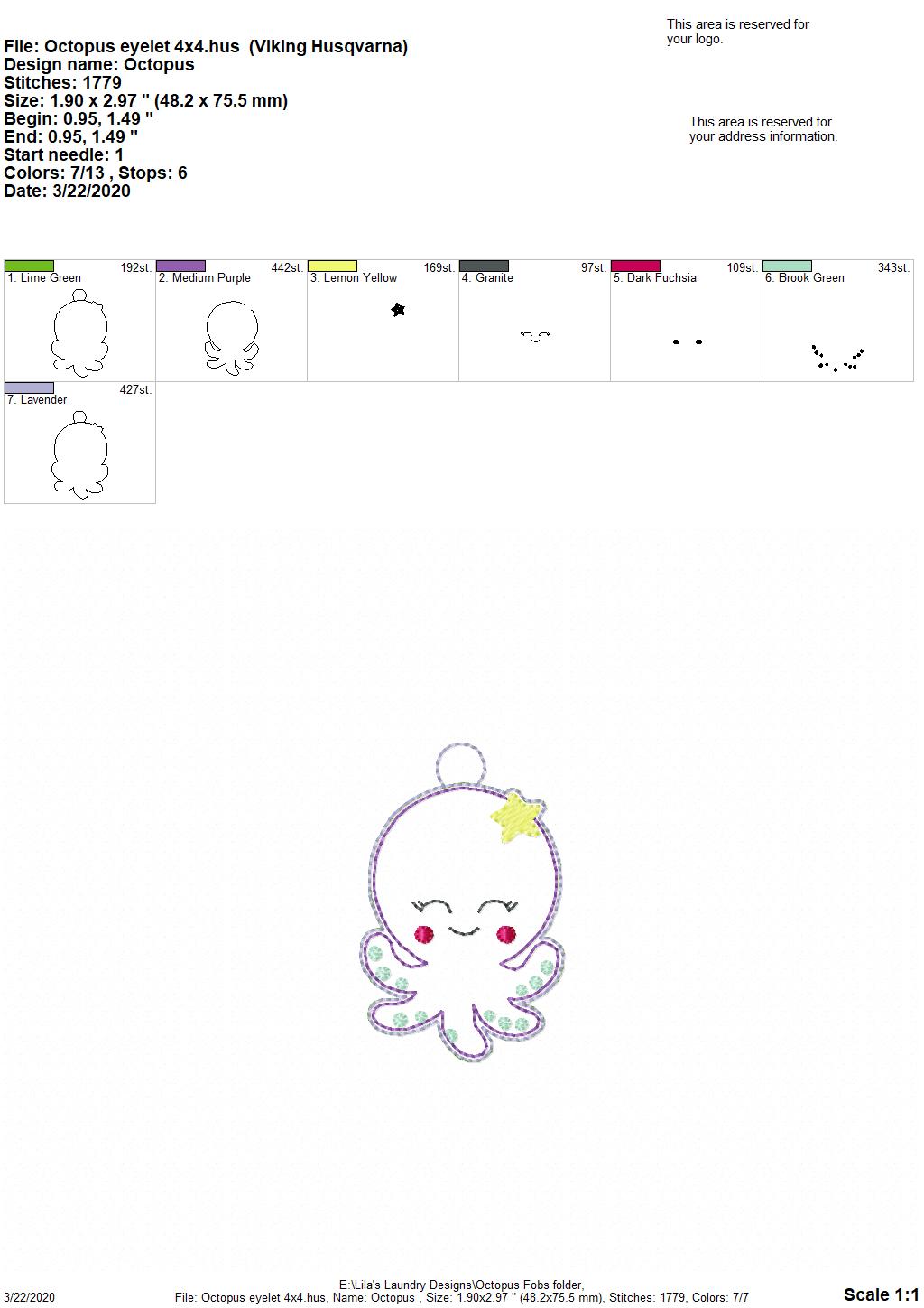 Octopus Tab and eyelet Fobs - DIGITAL Embroidery DESIGN
