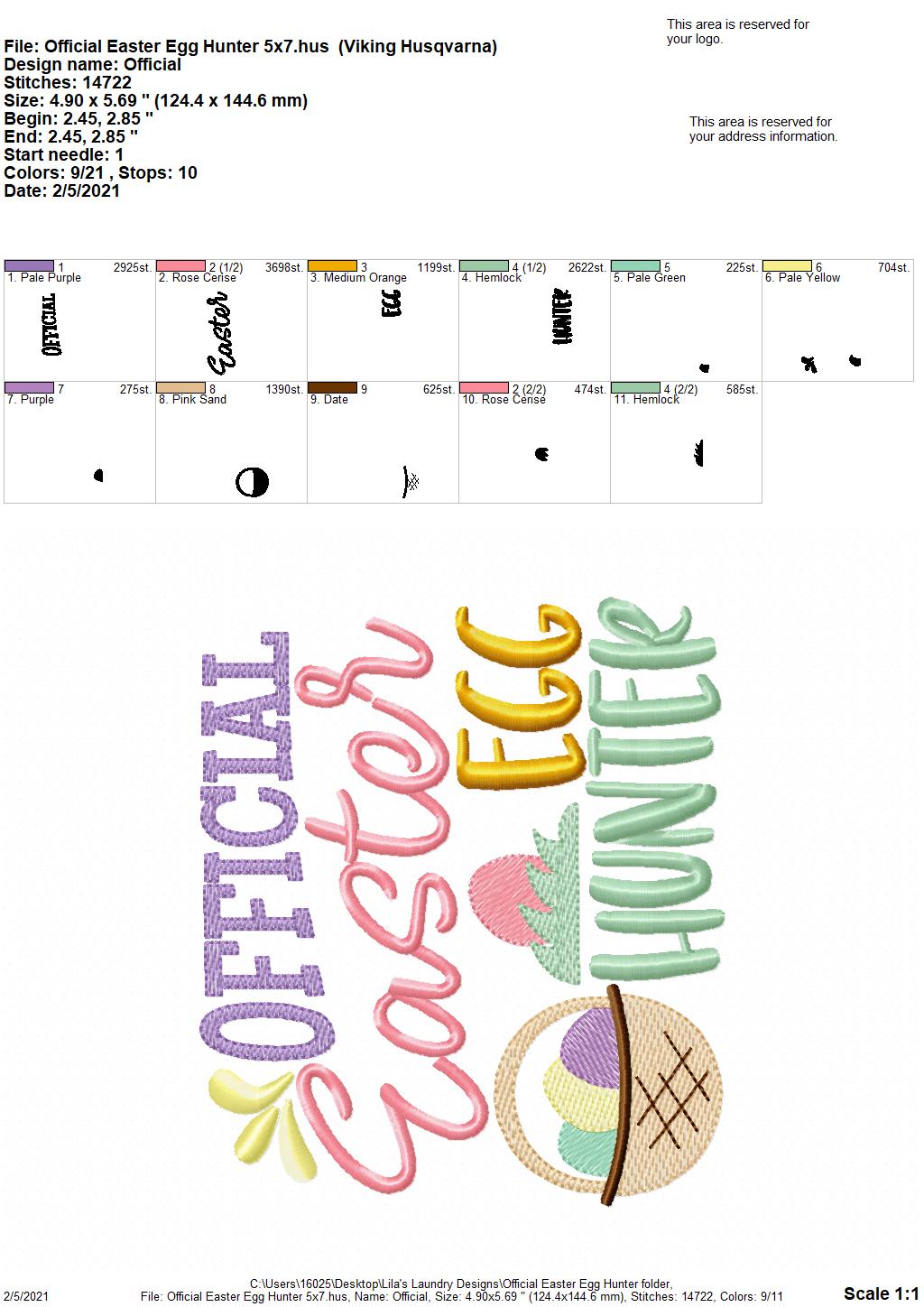 Official Easter Egg Hunter - 2 sizes- Digital Embroidery Design