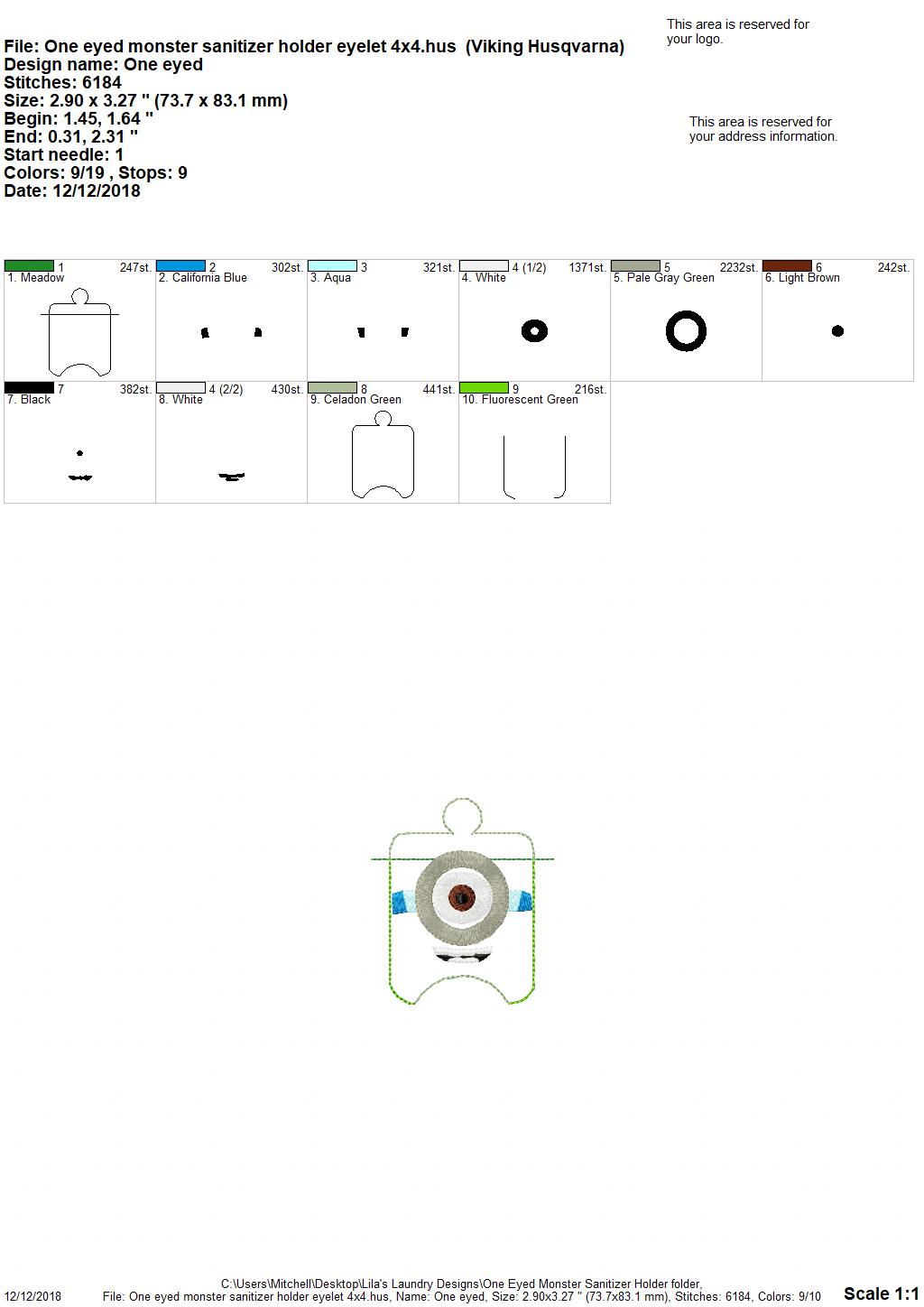 One Eyed Monster Sanitizer Holder - Embroidery Design - DIGITAL Embroidery DESIGN