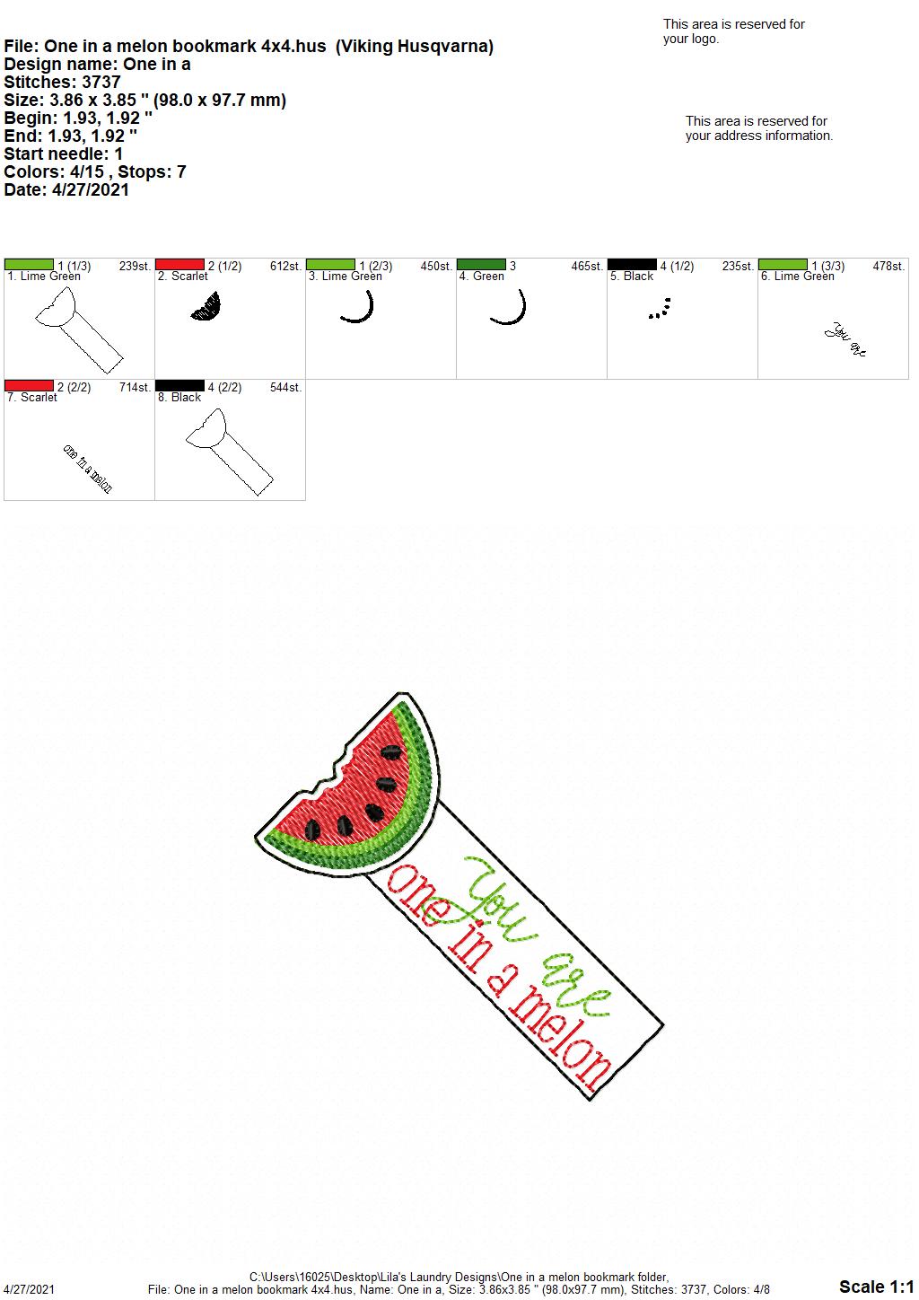 One in a Melon Bookmark 4x4 and 5x7 Grouped - Digital Embroidery Design