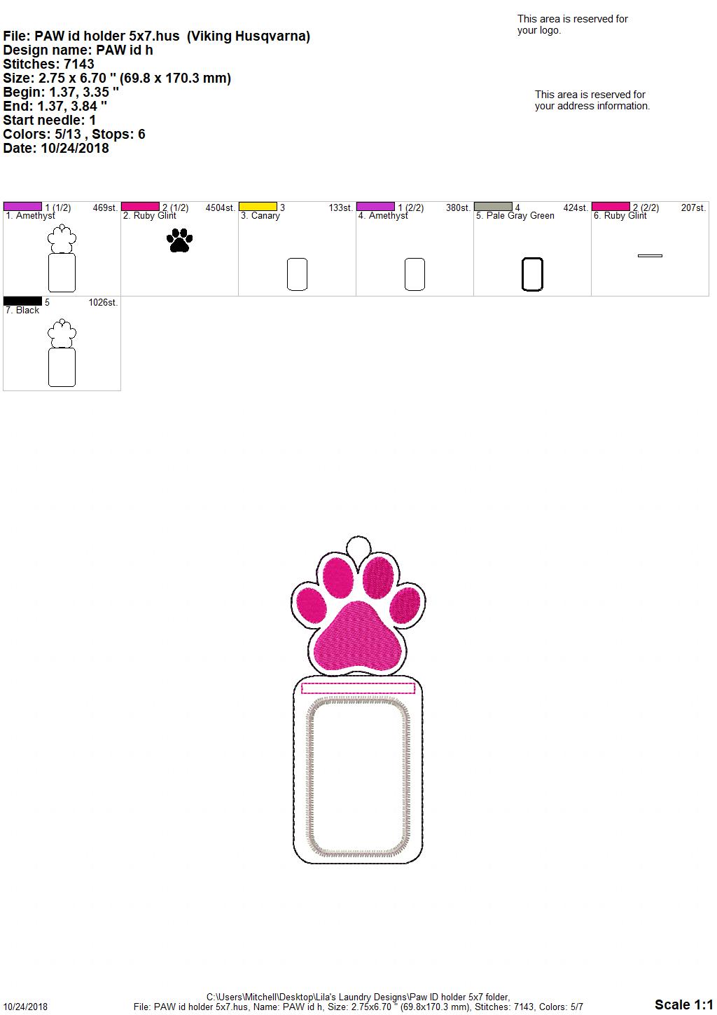 Paw print id holder - 5 x 7 - Embroidery Design - DIGITAL Embroidery design