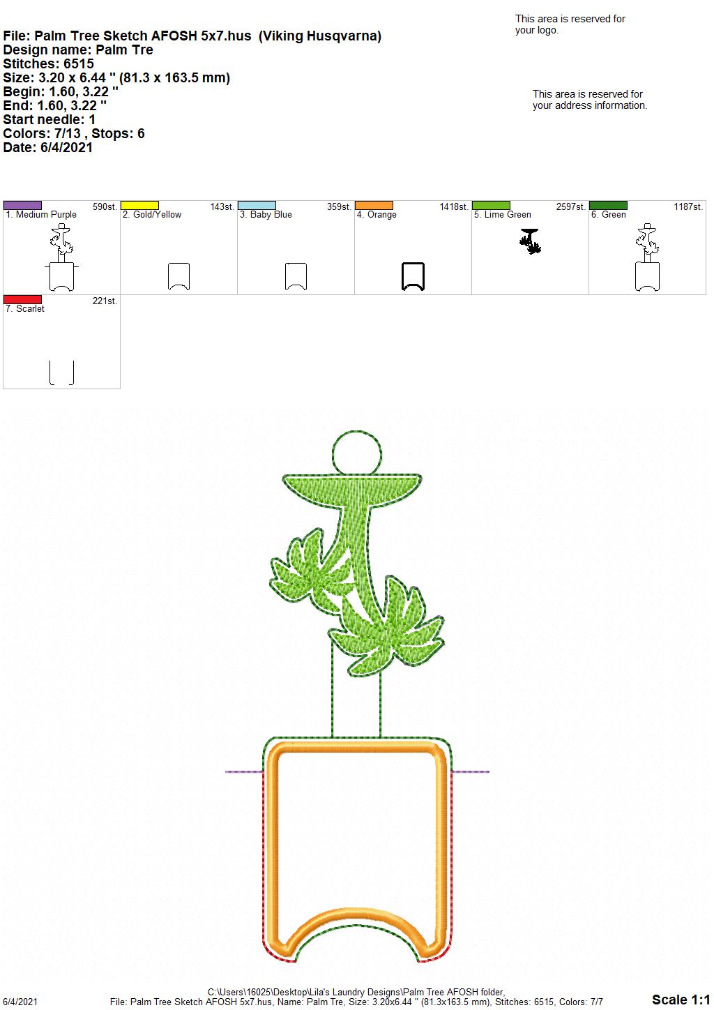 Palm Tree Sketch Applique Fold Over Sanitizer Holder 5x7- DIGITAL Embroidery DESIGN
