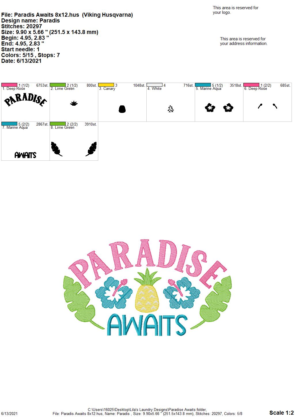Paradise Awaits - 3 sizes- Digital Embroidery Design