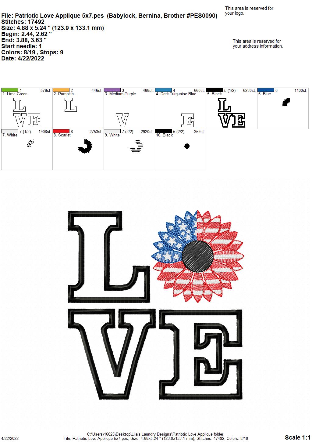 Patriotic Love Applique - 3 sizes- Digital Embroidery Design