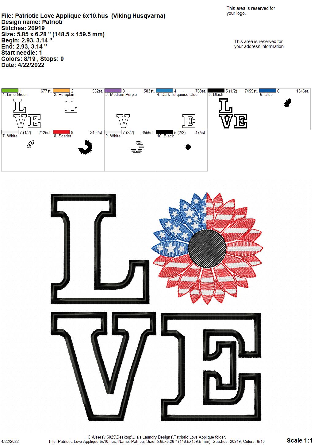 Patriotic Love Applique - 3 sizes- Digital Embroidery Design