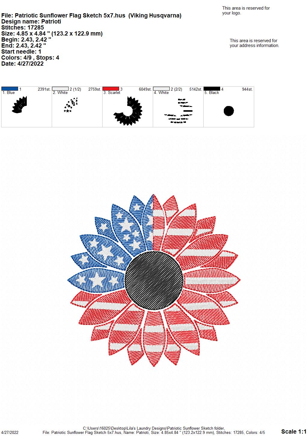 Patriotic Sunflower Flag Sketch - 3 sizes- Digital Embroidery Design