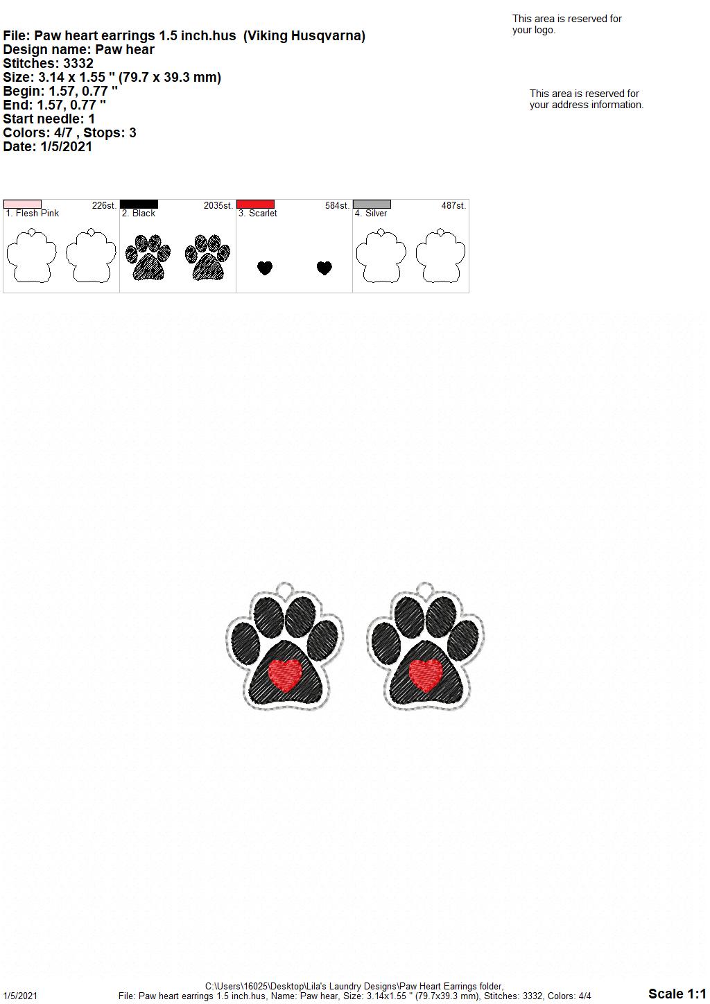 Paw Heart Earrings - 2 sizes - 4x4 and 5x7 Grouped- Digital Embroidery Design
