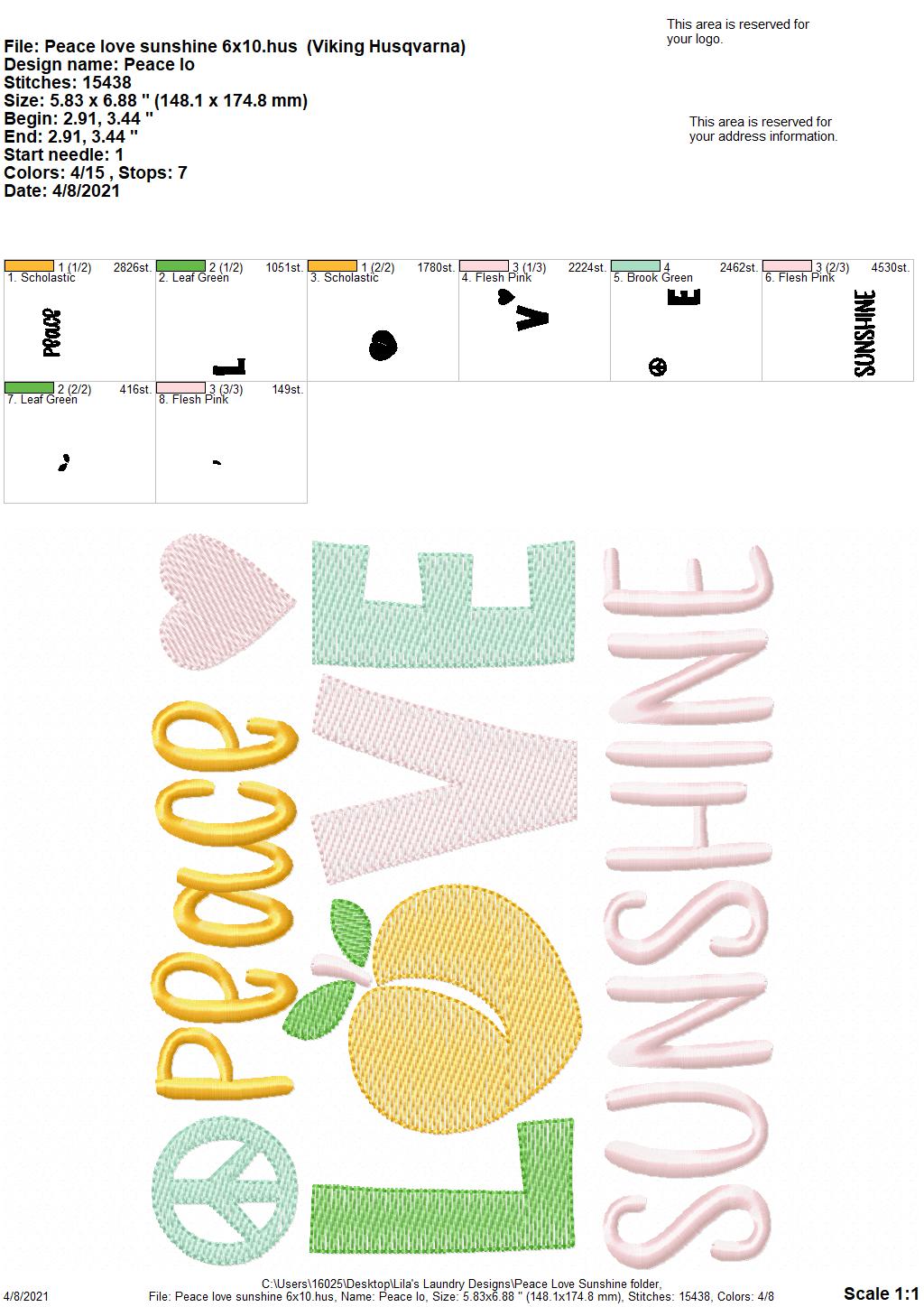 Peace Love Sunshine - 3 sizes- Digital Embroidery Design