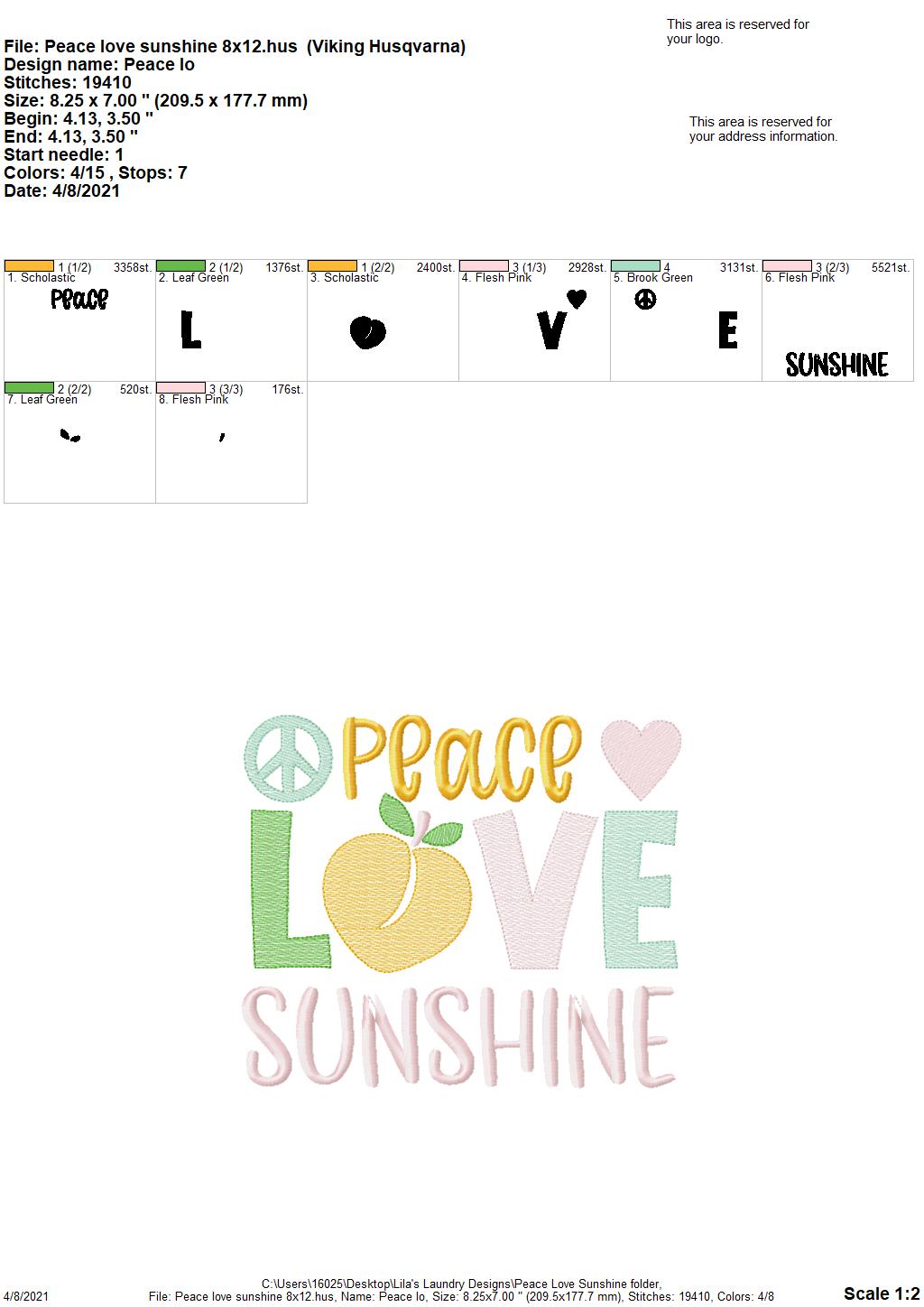 Peace Love Sunshine - 3 sizes- Digital Embroidery Design