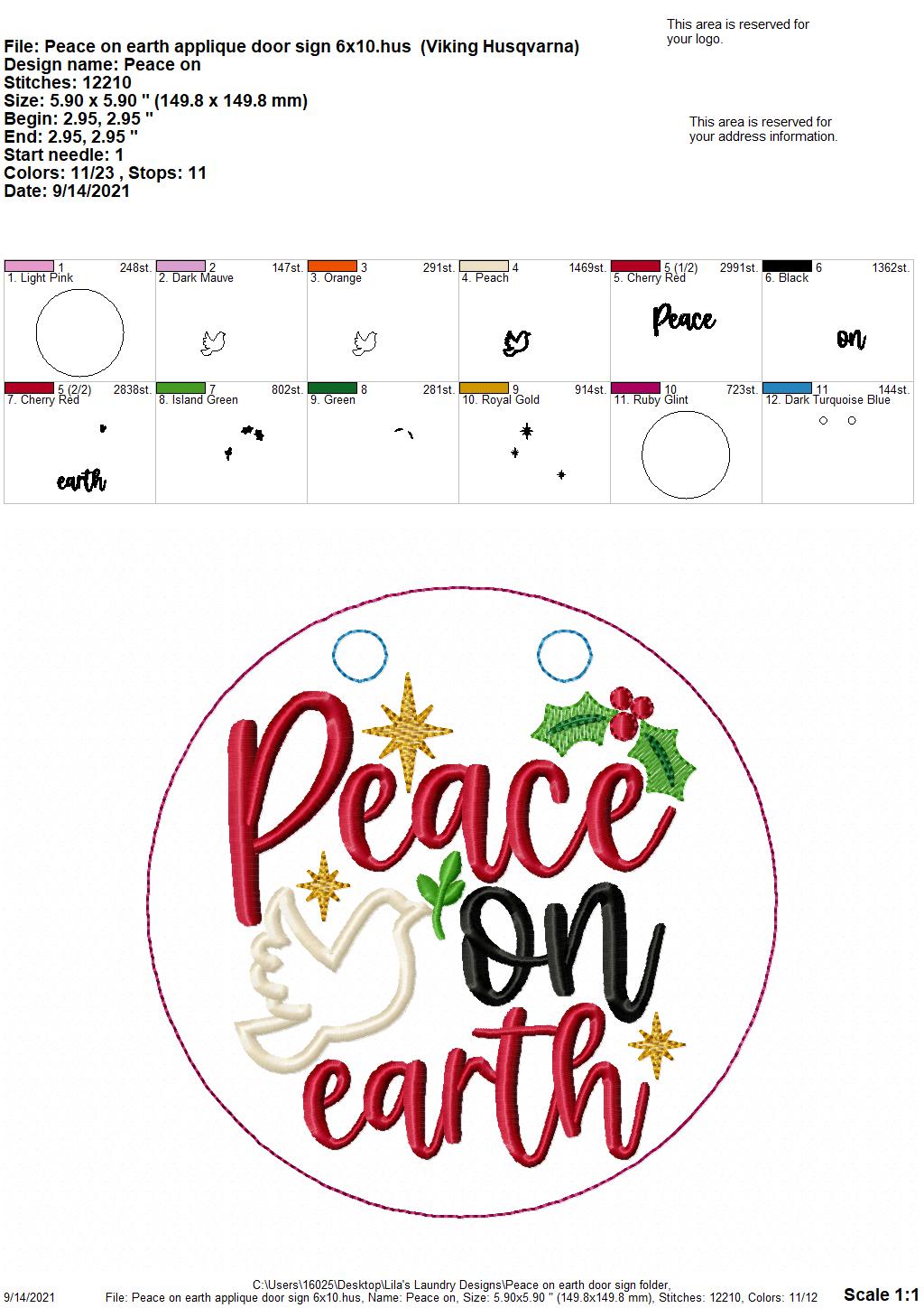 Peace on Earth Door Sign - 3 sizes - Digital Embroidery Design