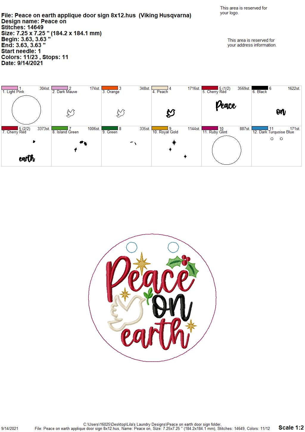 Peace on Earth Door Sign - 3 sizes - Digital Embroidery Design