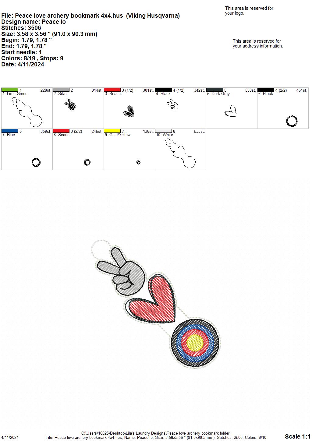 Peace Love Archery Bookmark - Digital Embroidery Design