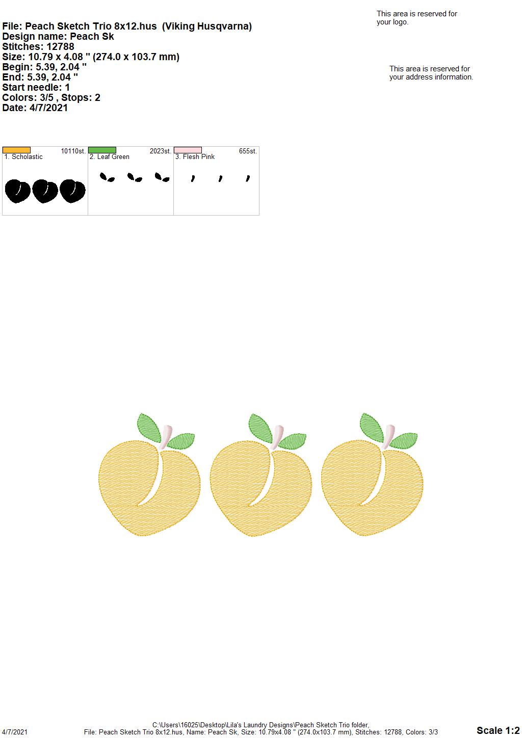 Peach Sketch Trio - 3 sizes- Digital Embroidery Design