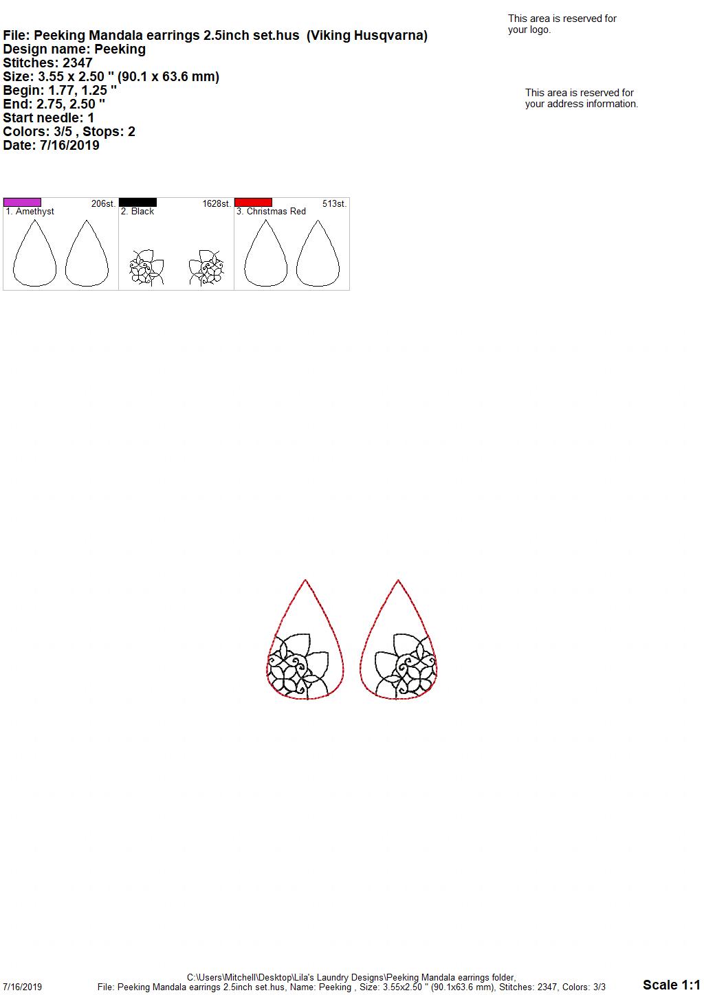 Peeking Mandala Earrings - 3 sizes - Digital Embroidery Design