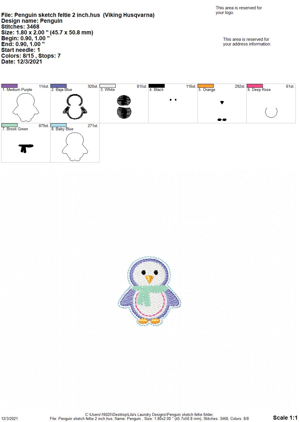 Penguin Sketch Feltie - Digital Embroidery Design