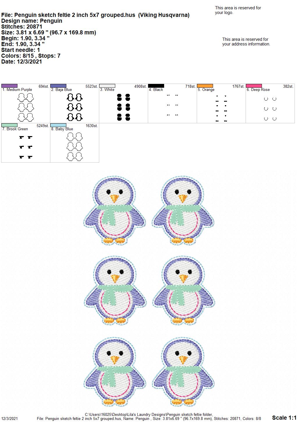 Penguin Sketch Feltie - Digital Embroidery Design