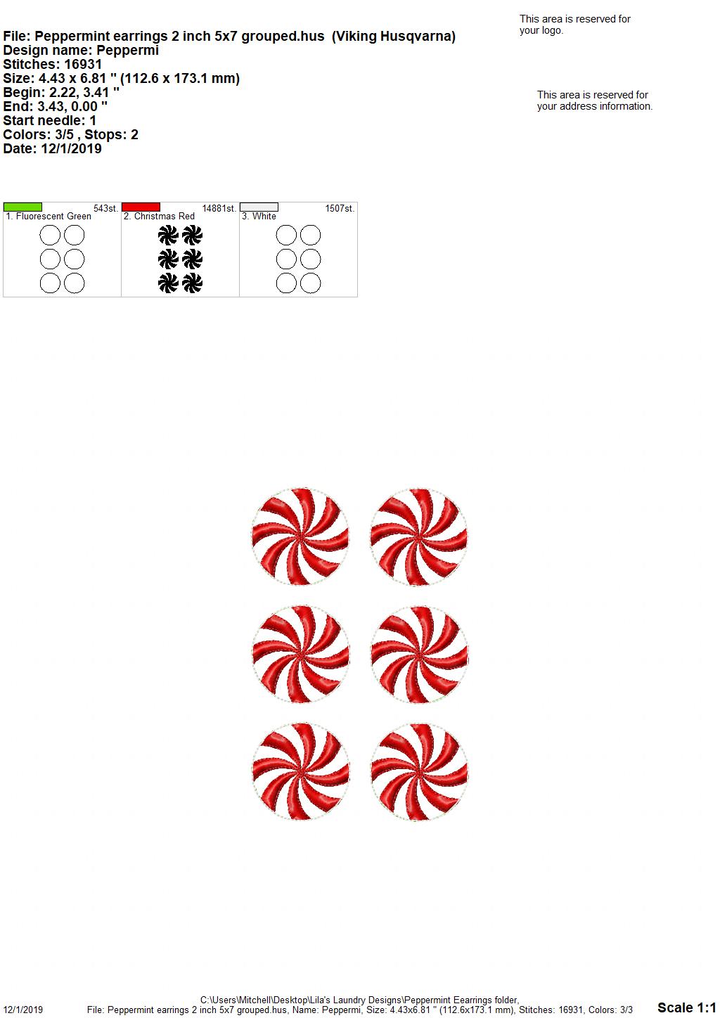Peppermint Earrings - 2 sizes - Digital Embroidery Design