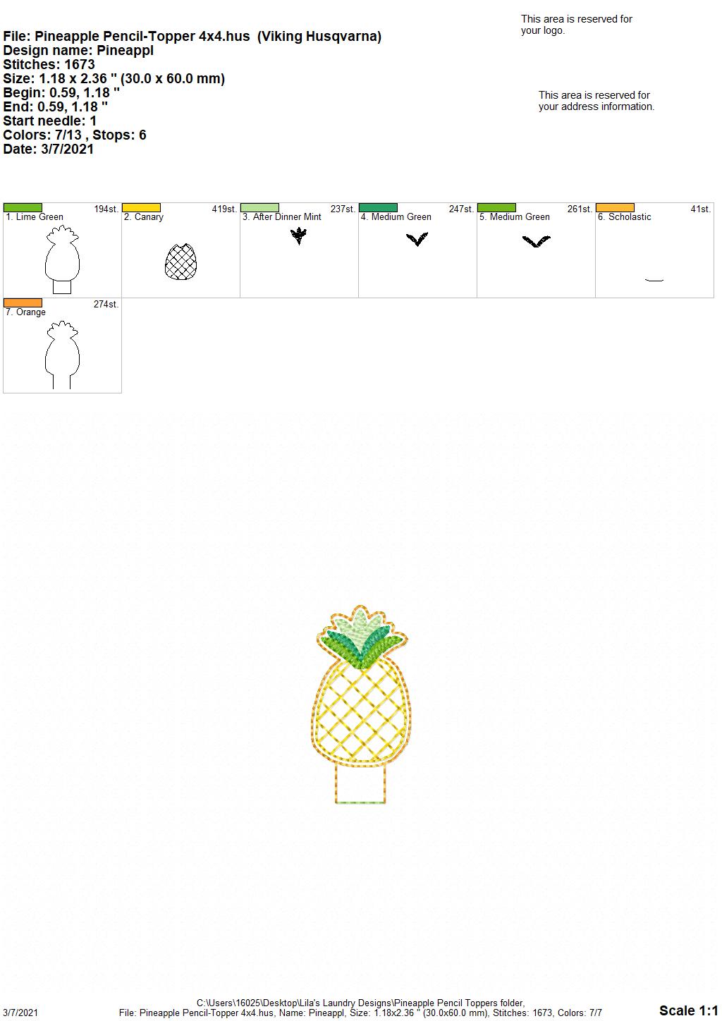 Pineapple Pencil Toppers 4x4 and 5x7 included- DIGITAL Embroidery DESIGN