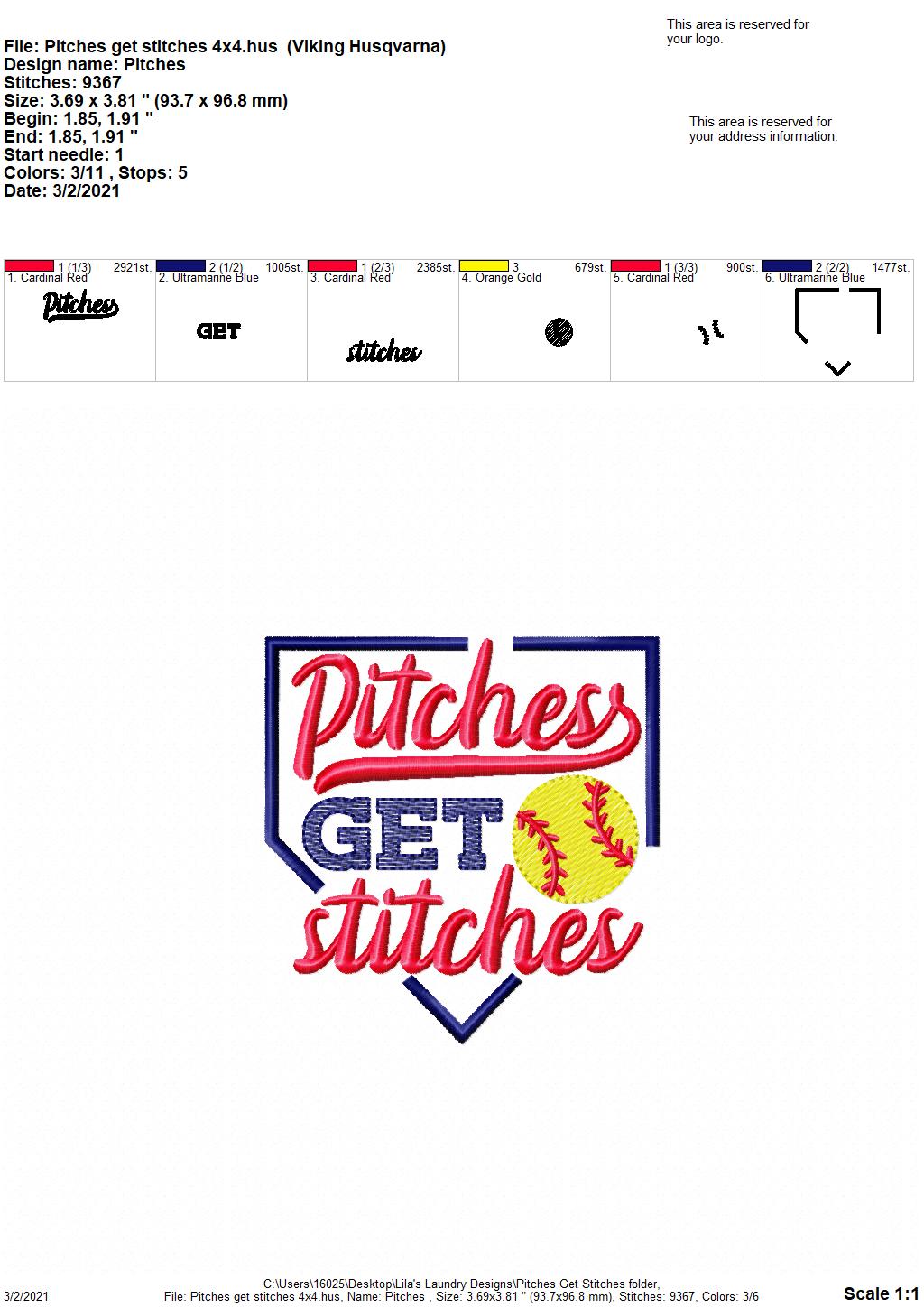 Pitches Get Stitches - 3 sizes- Digital Embroidery Design
