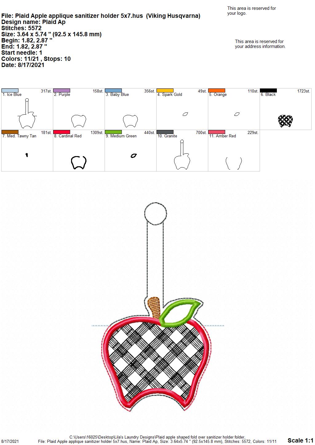 Plaid Apple Applique Fold Over Sanitizer Holder 5x7- DIGITAL Embroidery DESIGN
