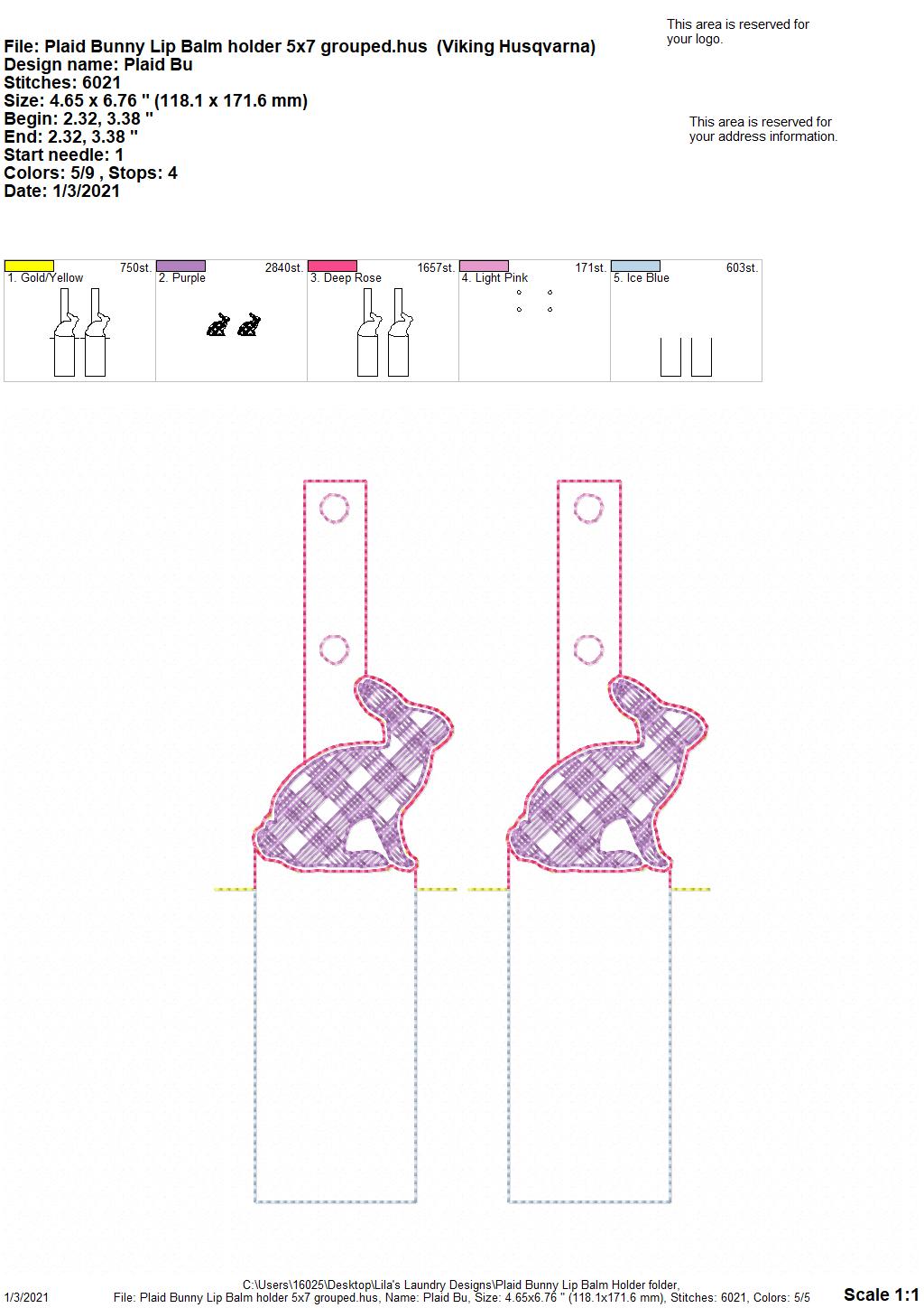 Plaid Bunny Lip Balm Holders 5x7 - DIGITAL Embroidery DESIGN