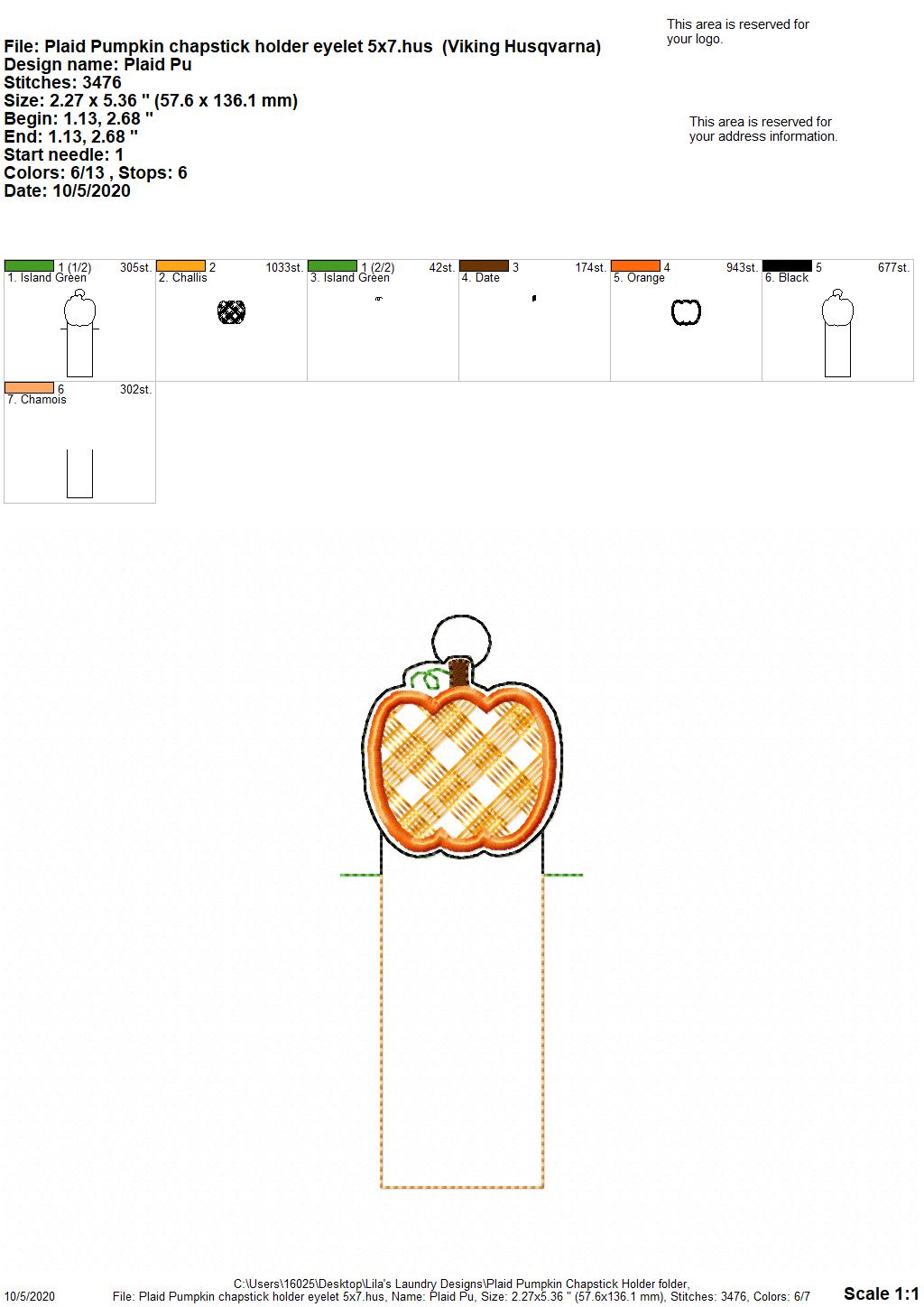 Plaid Pumpkin Lip Balm Holders 5x7 - DIGITAL Embroidery DESIGN
