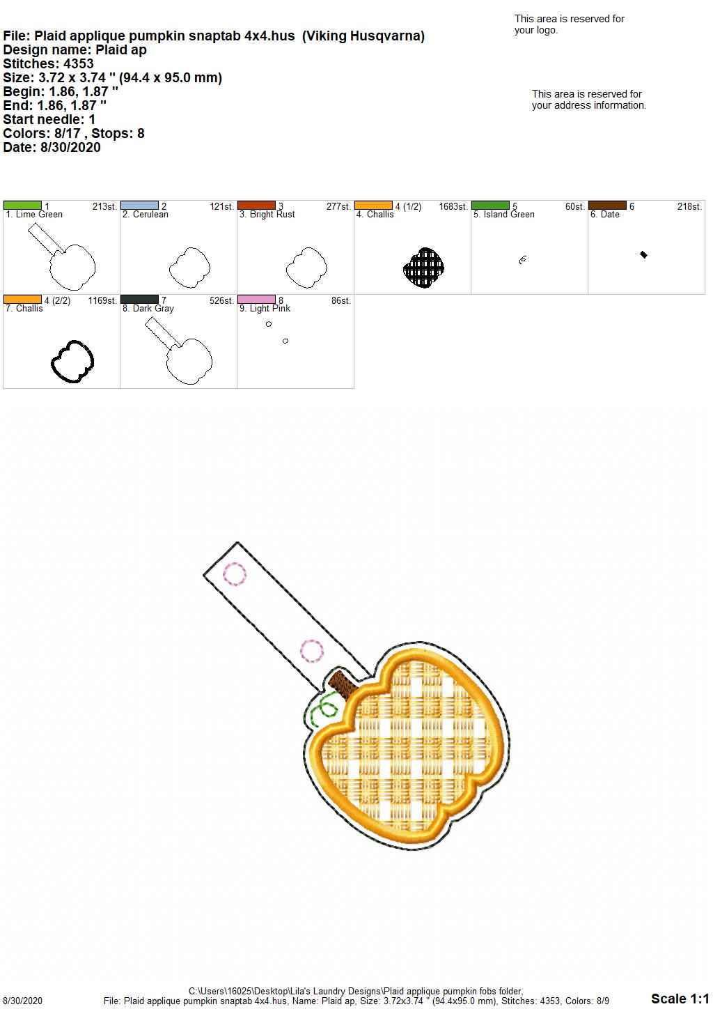 Plaid Applique Pumpkin Fobs - DIGITAL Embroidery DESIGN