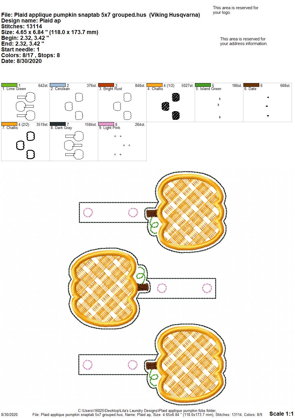 Plaid Applique Pumpkin Fobs - DIGITAL Embroidery DESIGN