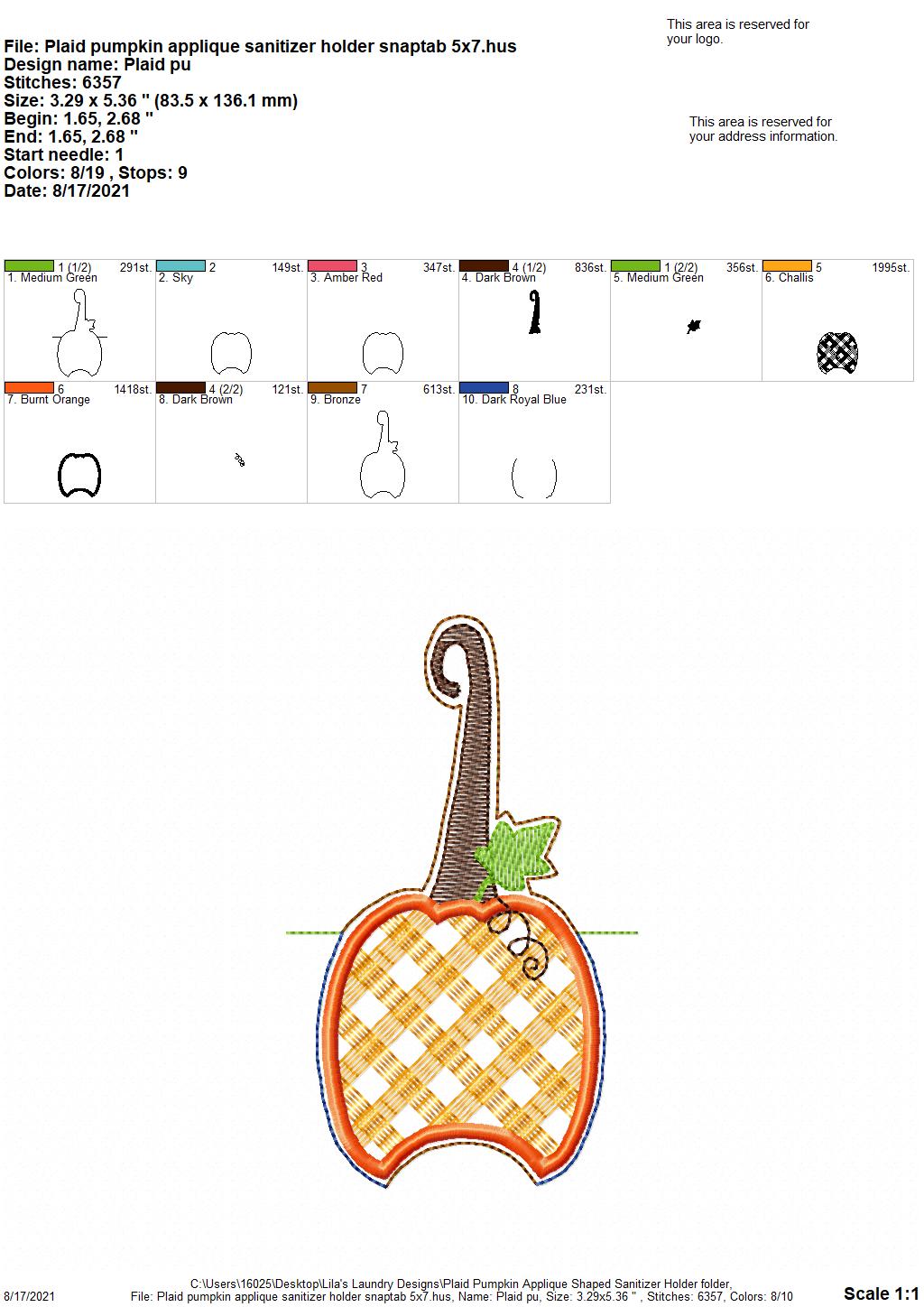 Plaid Pumpkin Applique Fold Over Sanitizer Holder 5x7- DIGITAL Embroidery DESIGN