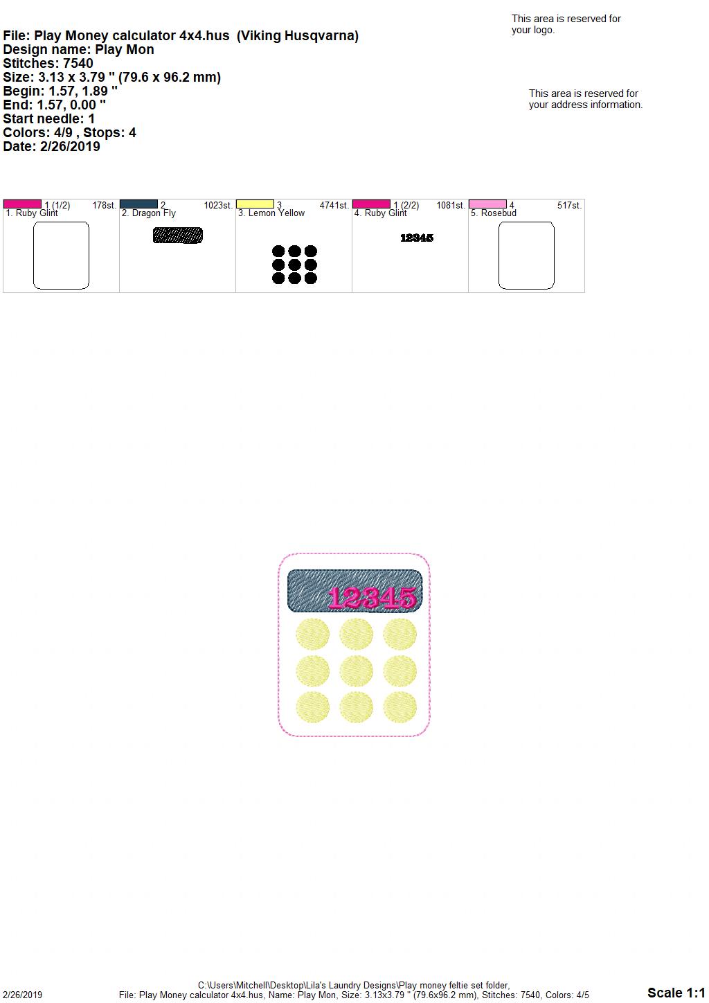 Play Money Feltie Set - 2 sizes- Digital Embroidery Design