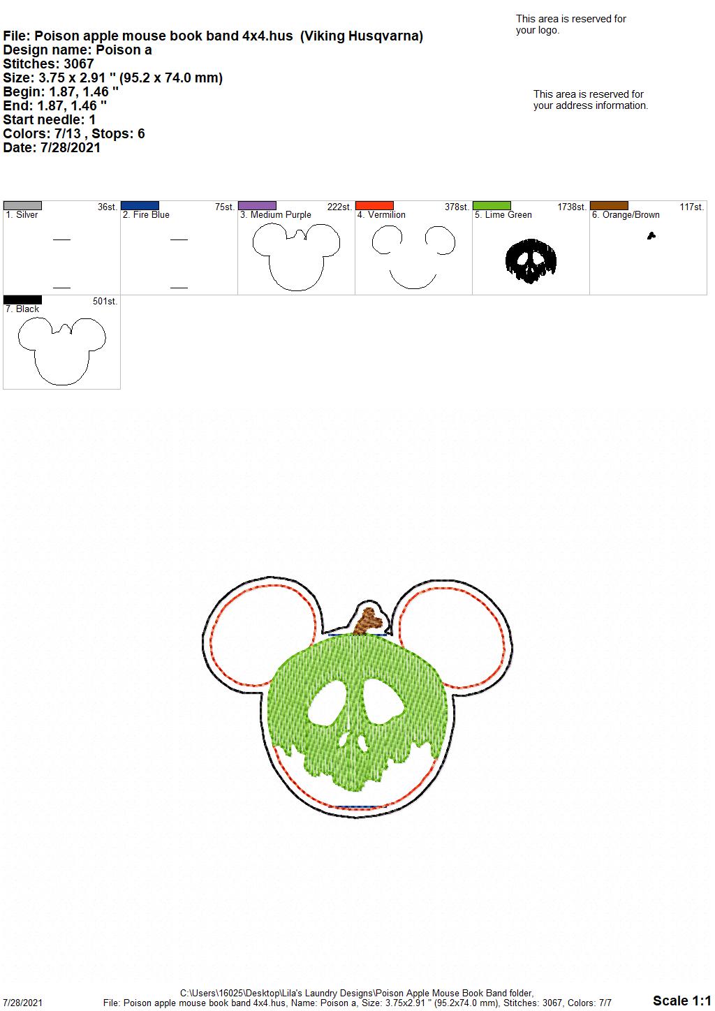 Poison Apple Mouse Book Band - Embroidery Design, Digital File