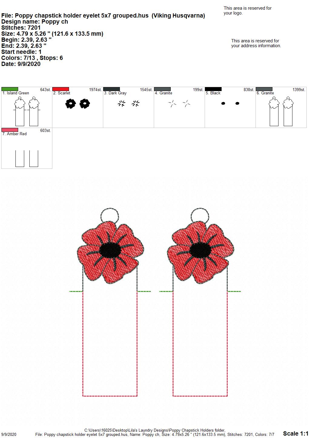 Poppy Lip Balm Holders 5x7 - DIGITAL Embroidery DESIGN