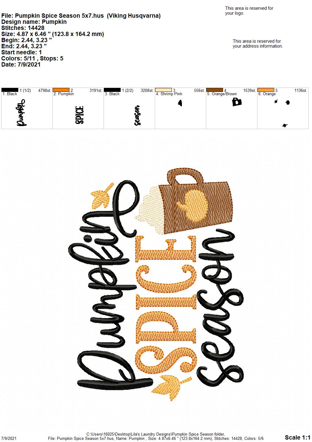 Pumpkin Spice Season - 4 sizes- Digital Embroidery Design