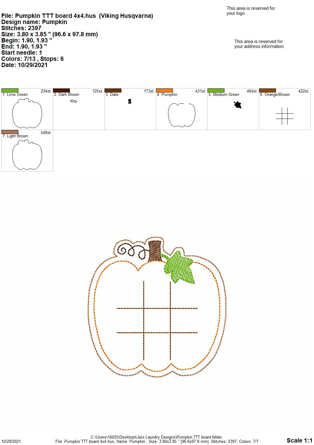 Pumpkin TTT Board - DIGITAL Embroidery DESIGN