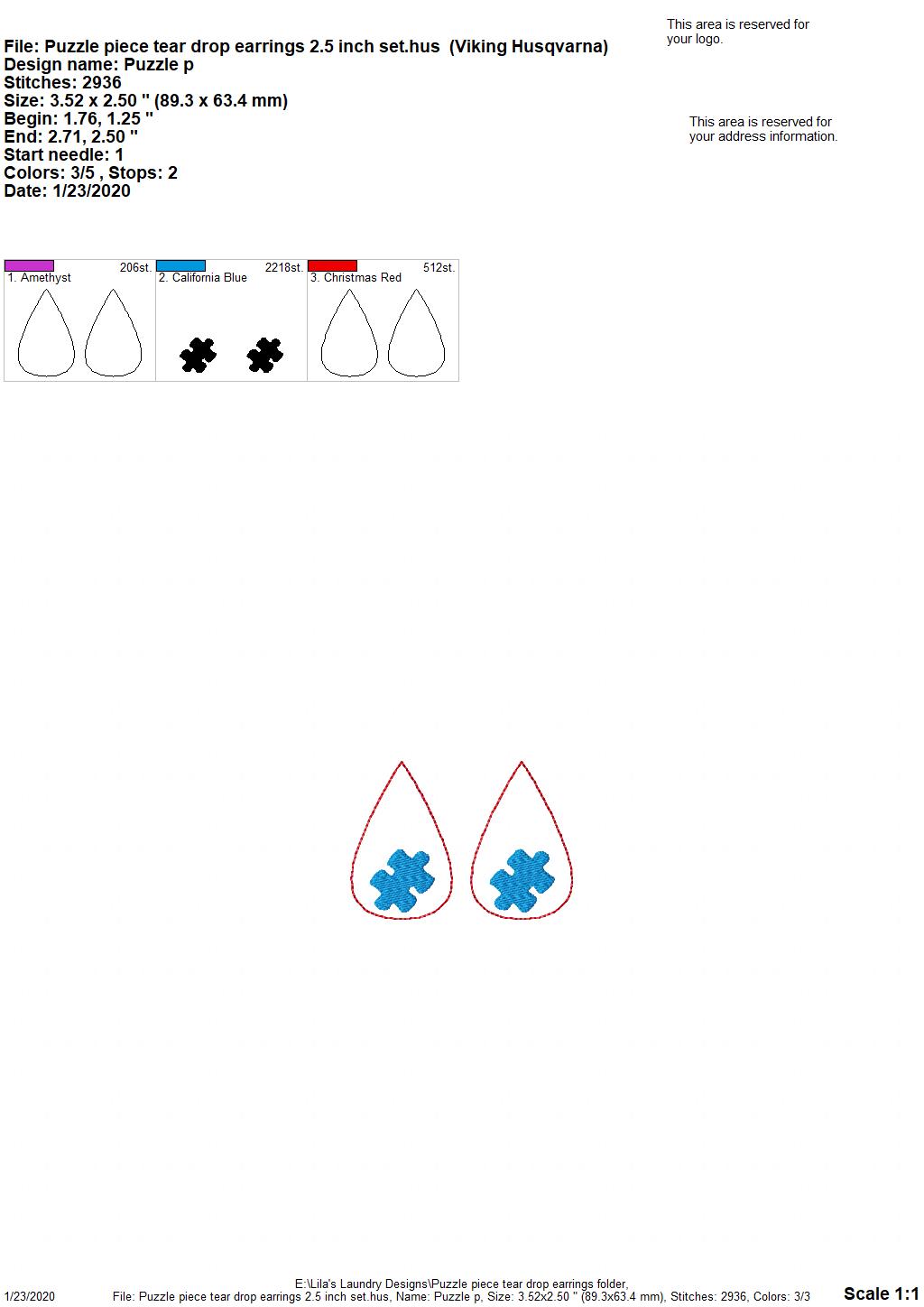Puzzle Piece Tear Drop Earrings - 3 sizes - Digital Embroidery Design