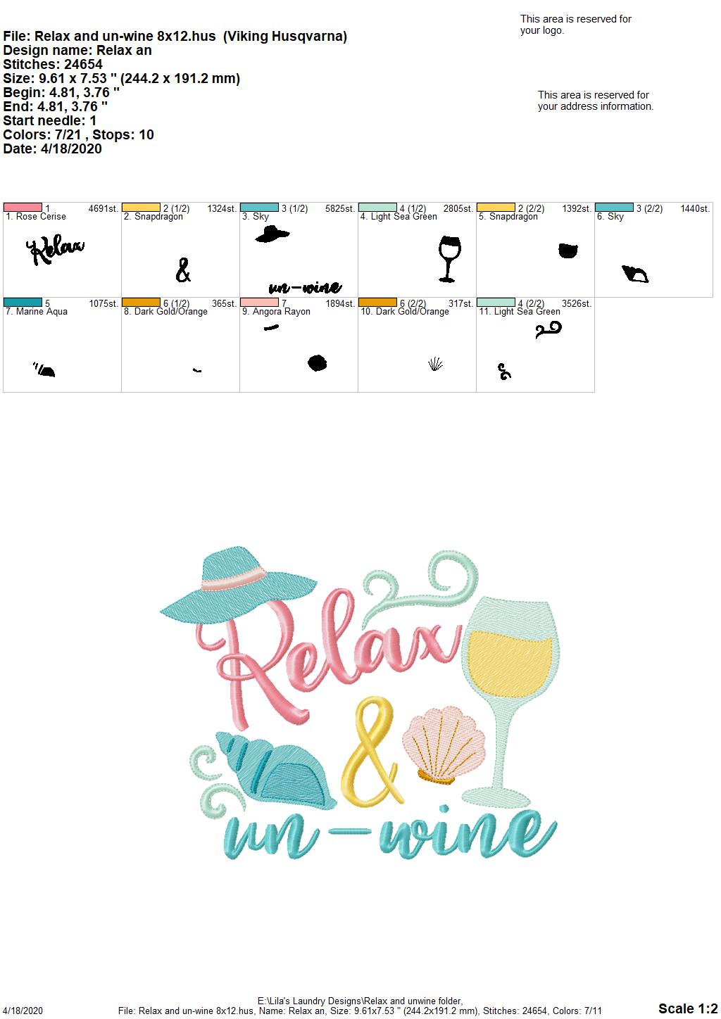 Relax and un-wine - 3 Sizes - Digital Embroidery Design
