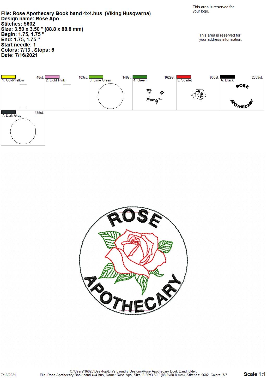 Rose Apothecary Book Band - Embroidery Design, Digital File