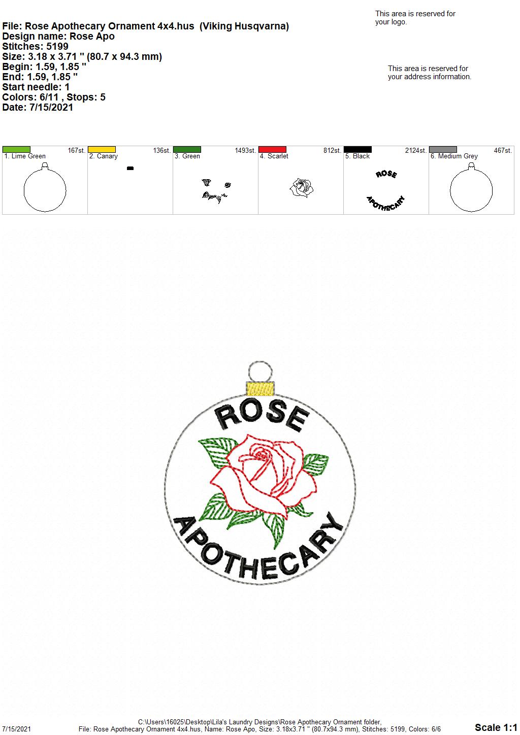 Rose Apothecary Ornament - Digital Embroidery Design