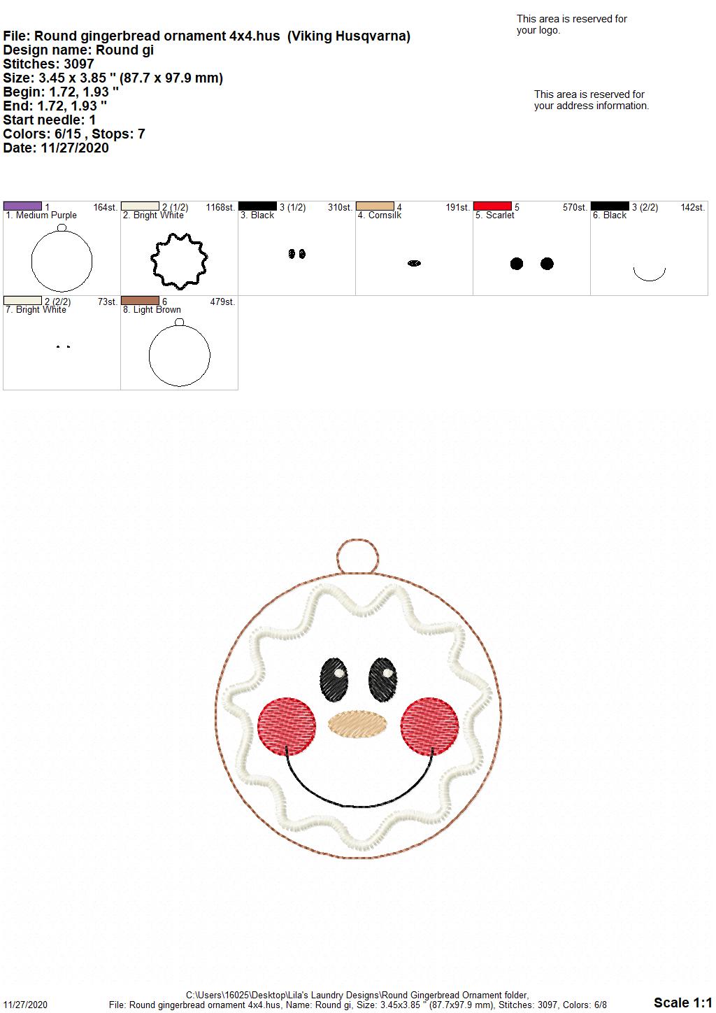 Round Gingerbread Ornament - Digital Embroidery Design