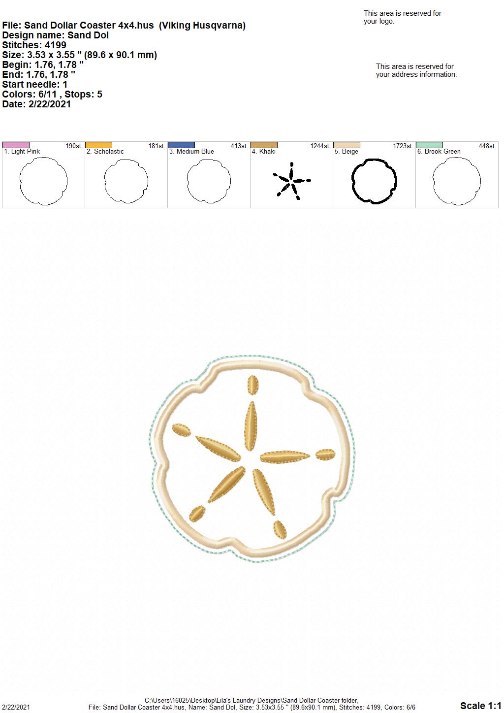 Applique Sand Dollar Coaster 4x4 - DIGITAL Embroidery DESIGN