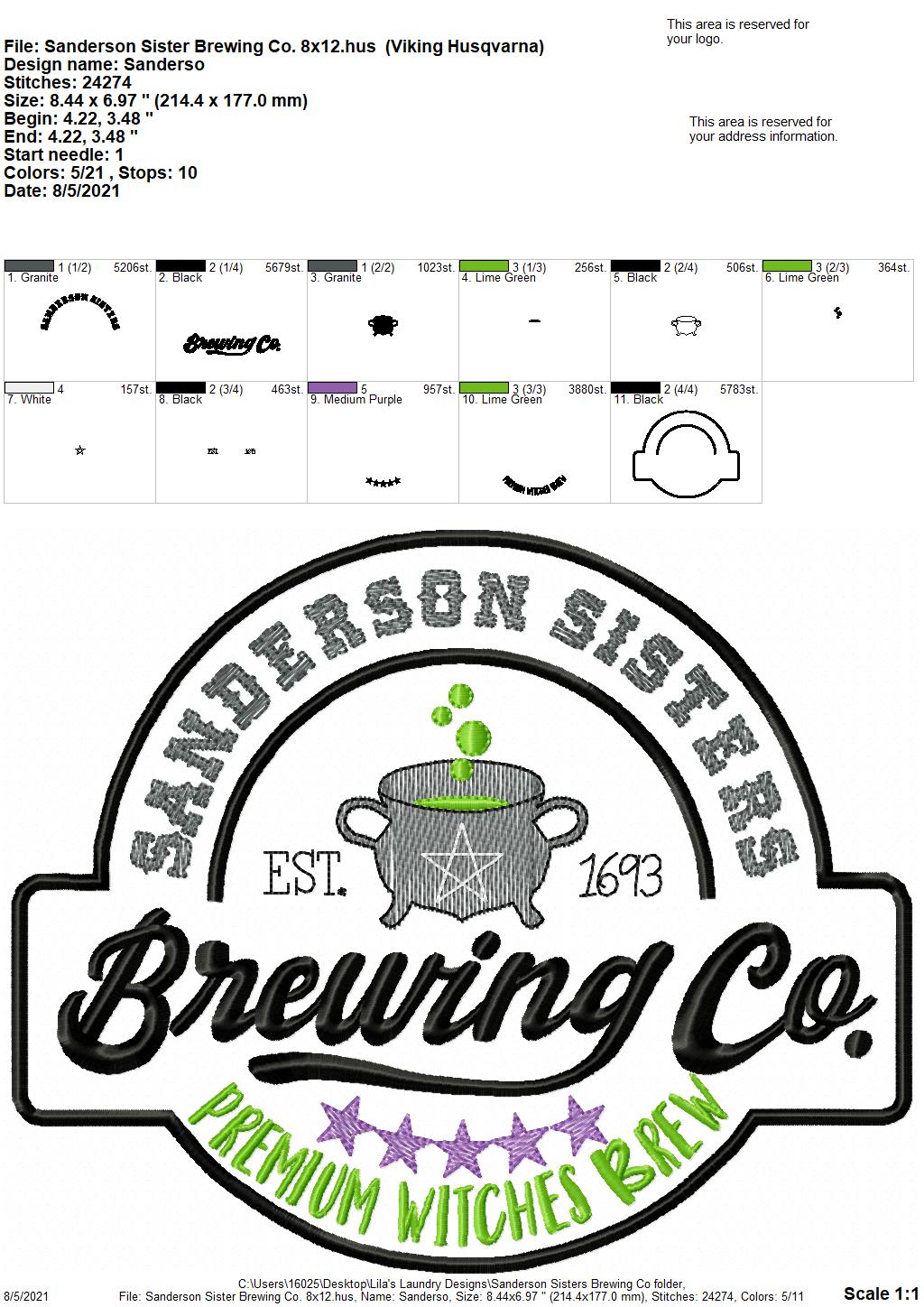 Sanderson Sisters Brewing Co. - 3 sizes- Digital Embroidery Design