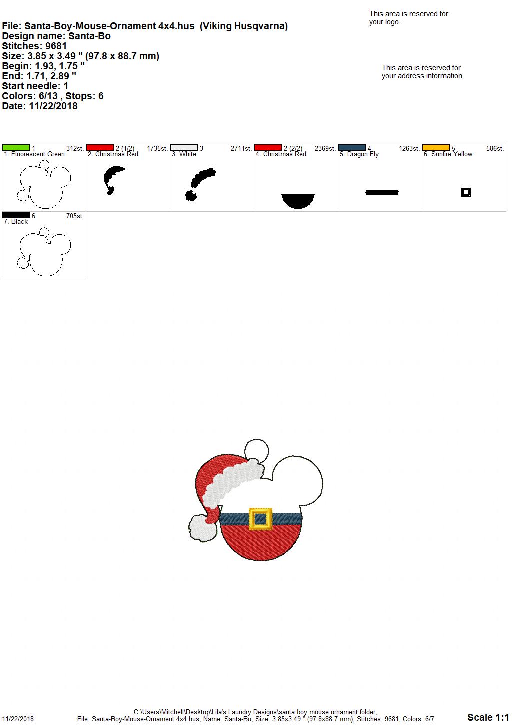 Santa Boy Mouse Ornament - Digital Embroidery Design