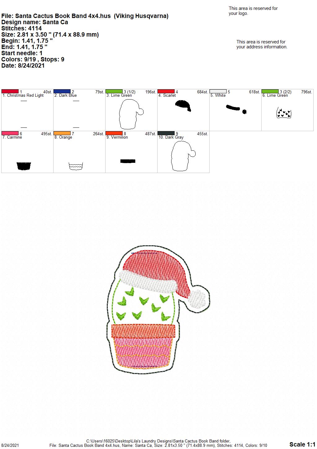 Santa Cactus Book Band - Embroidery Design, Digital File
