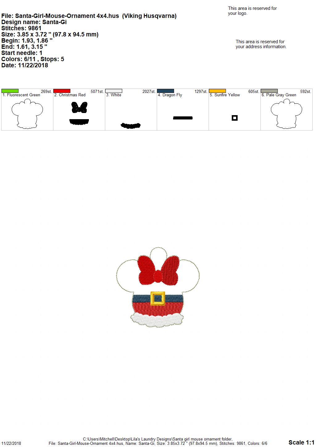 Santa Girl Mouse Ornament - digital embroidery design