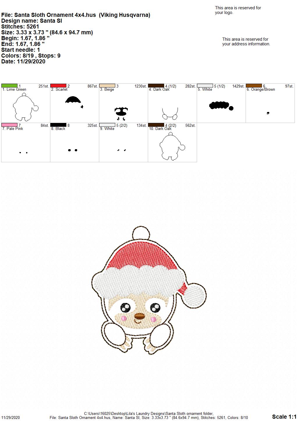 Santa Sloth Ornament - Digital Embroidery Design